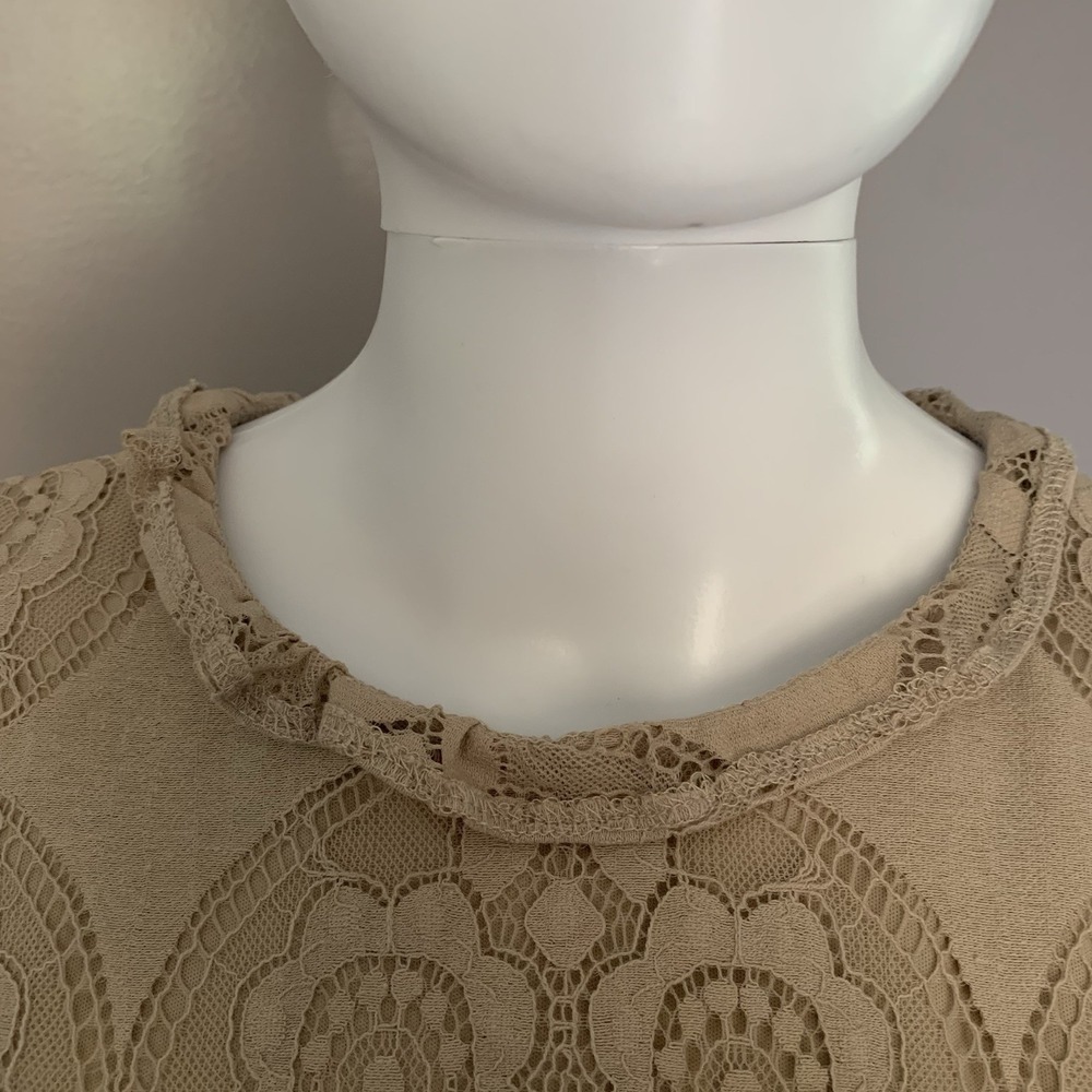ULTRA PINK‎ Cute Floral Lace Beige Top Smocked Long Sheer Sleeve Mock Blouse L - Picture 7 of 16